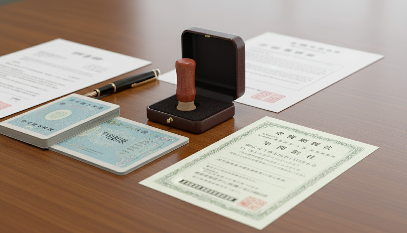 実印、印鑑証明書、通帳、身分証明書など、決済当日に必要な持ち物がデスクに並べられているクローズアップ