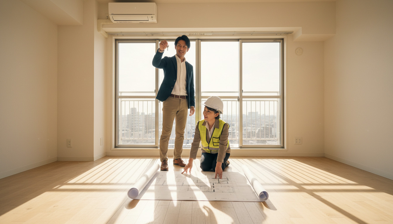 引き渡し直後、新しく手に入れたマンションの鍵を開け、建築士と一緒にリノベーションの打ち合わせをする様子