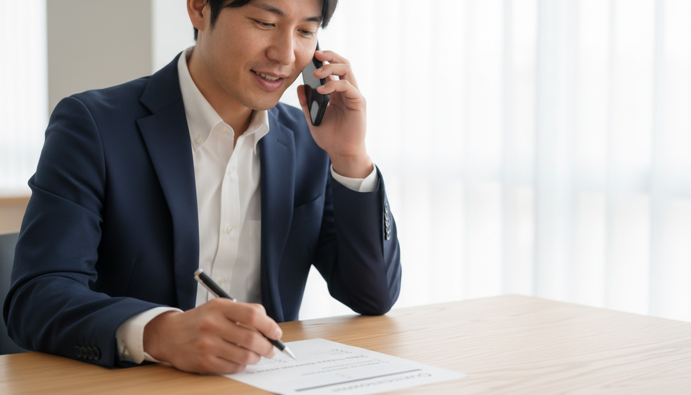 チェックシートを片手に、地元の不動産会社へ真剣に電話でヒアリングを行う投資家のイメージ