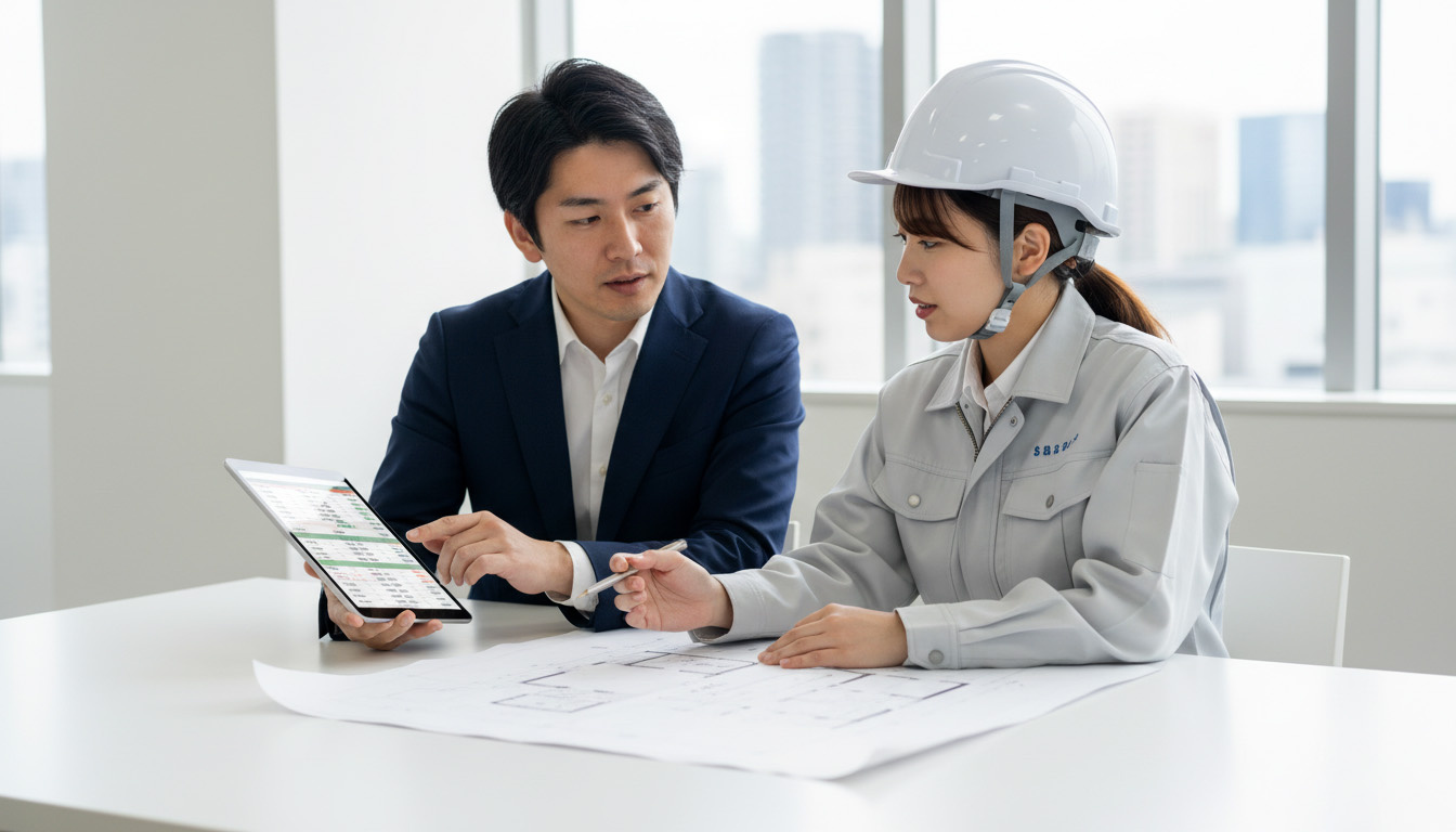 ヒアリング結果をもとに、株式会社 高翔の建築士と不動産担当者がリノベーションの打ち合わせをする様子