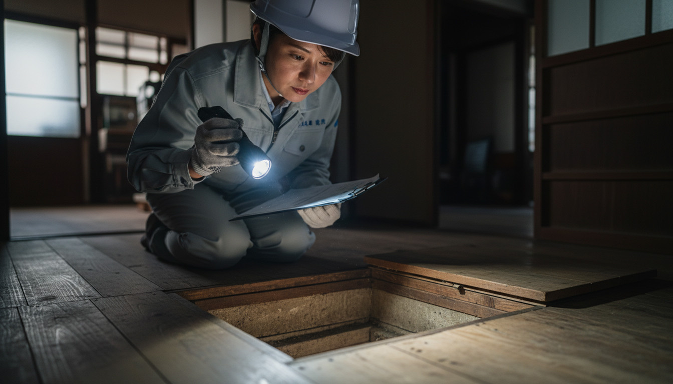 株式会社 高翔の建築士が、強力なLEDライトを使って床下点検口からシロアリや水漏れをチェックする様子