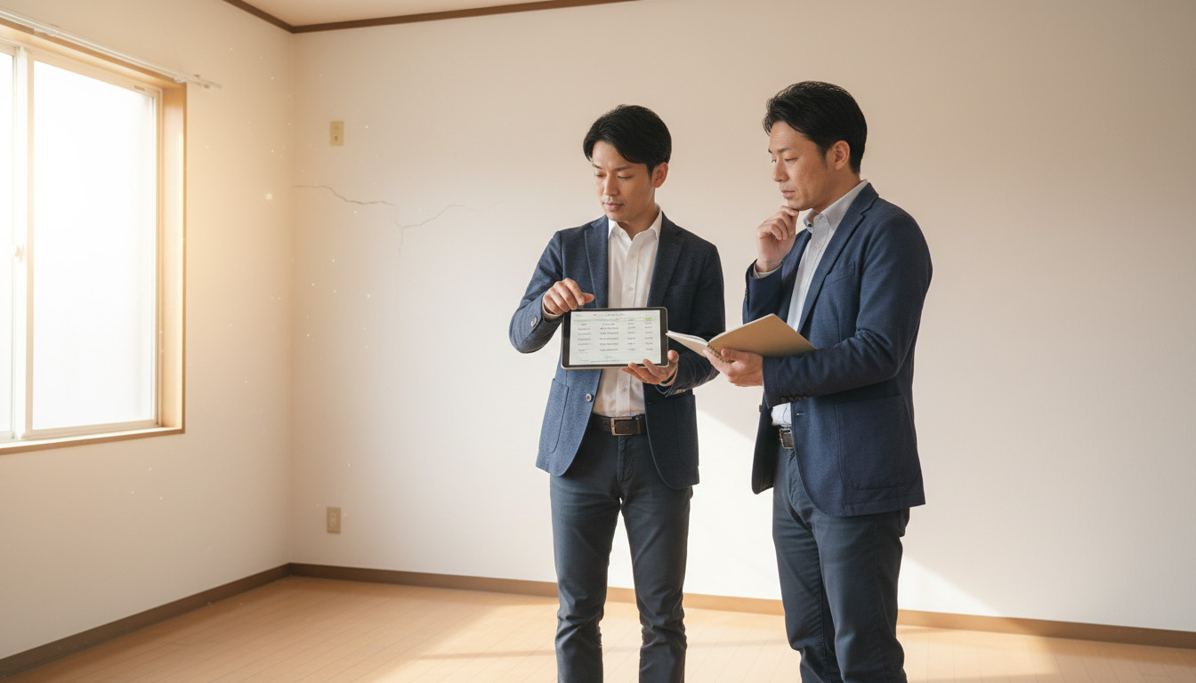 中古戸建ての内覧で、発見した修繕箇所と概算費用をオーナーに丁寧に説明する不動産担当者