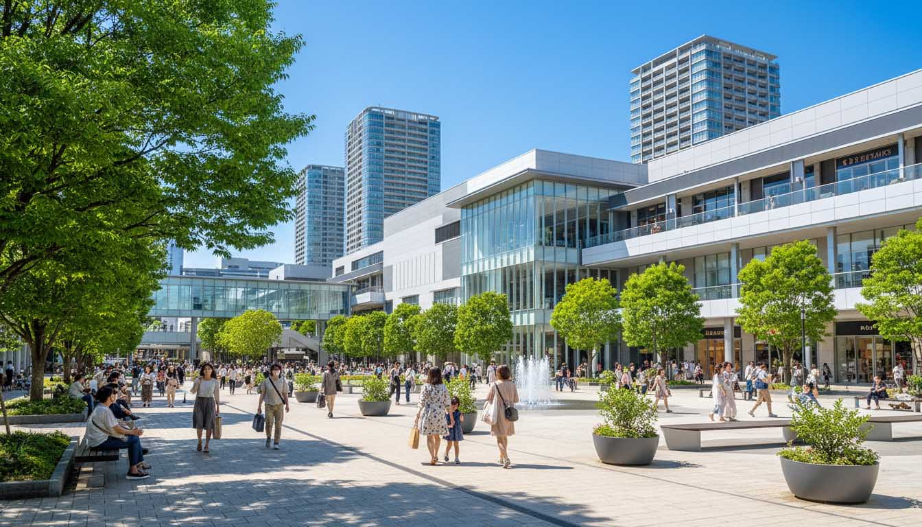 阪急西宮ガーデンズ周辺の活気ある街並み。実物資産の強さを象徴する風景