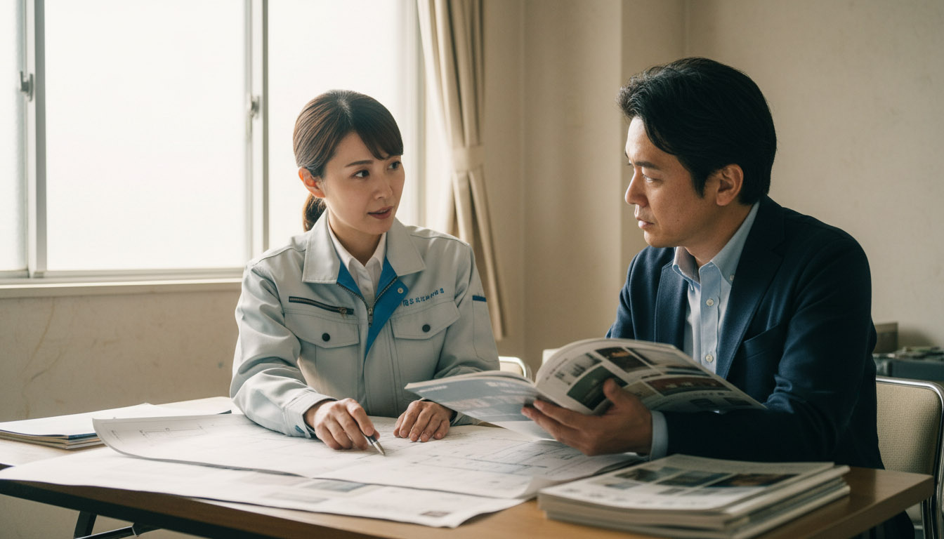 株式会社高翔の建築士とオーナーが、資材高騰下でもコストを抑えたリノベーション計画を相談する様子