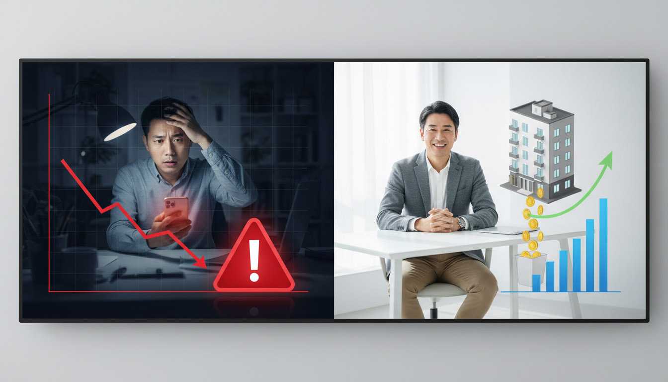 株価暴落による追証（マージンコール）に怯える投資家と、安定した家賃収入を得る不動産投資家の対比図解