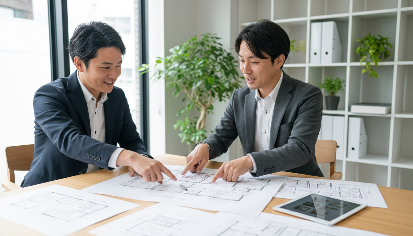 株式会社 高翔の建築士と図面を見ながら、学生向け・ファミリー向けのアイデアを楽しく議論する様子
