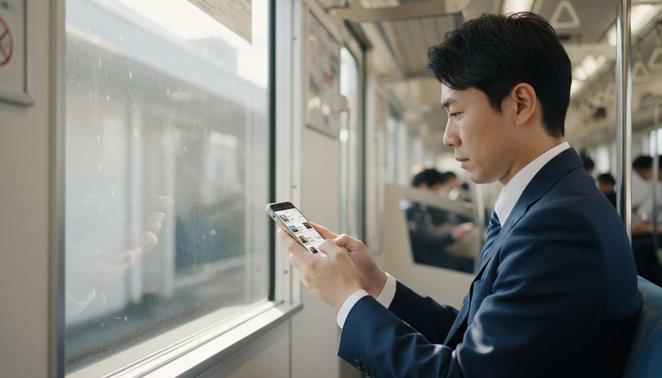 通勤電車の中でスマートフォンを使い、不動産の物件情報を効率的にチェックする会社員の様子