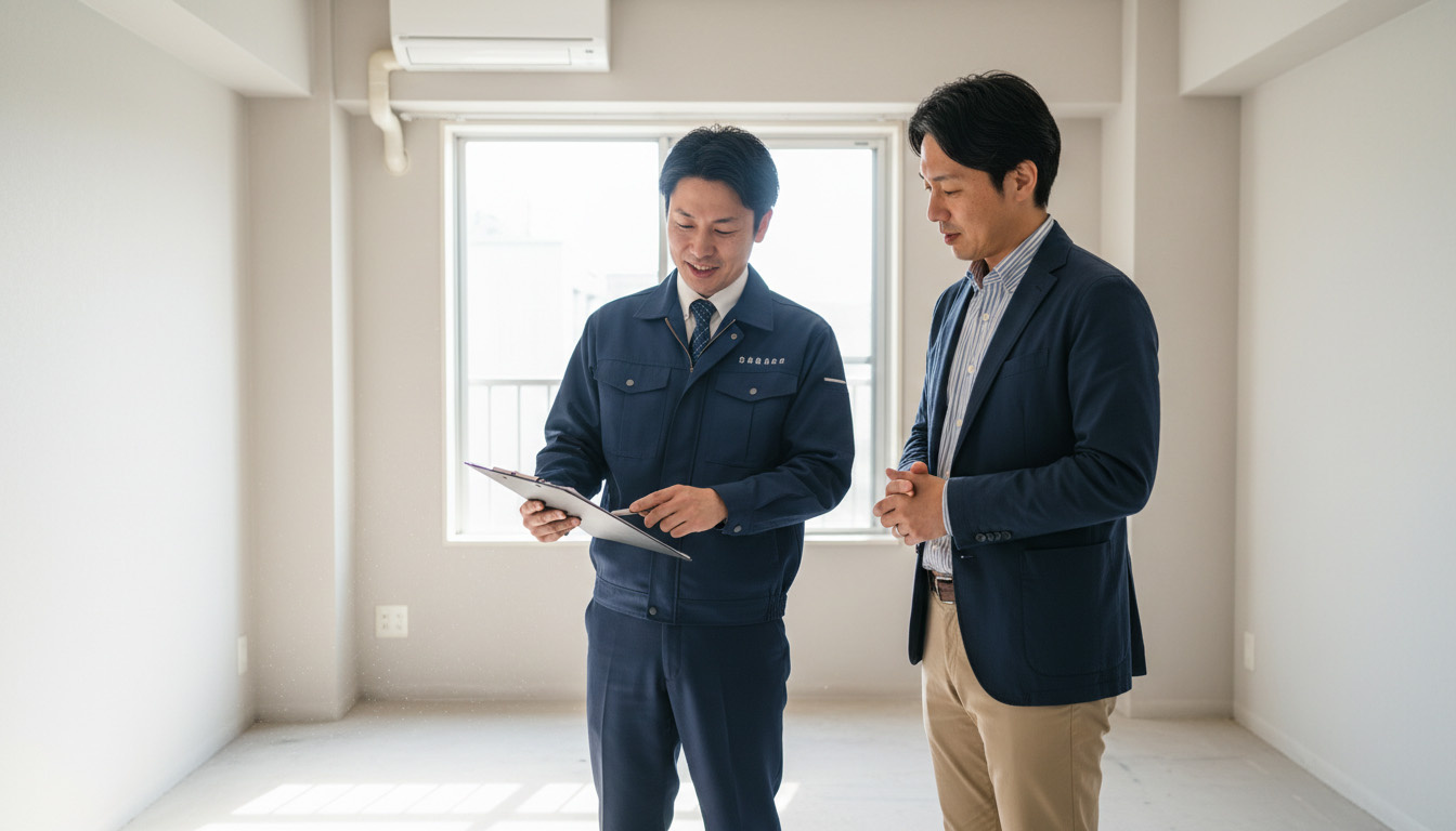 週末に物件の現地で、株式会社高翔の建築士からリノベーションの費用や修繕計画について説明を受ける投資家