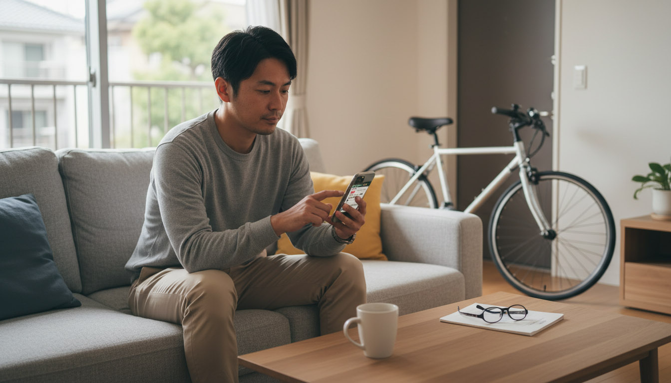 家賃を抑えるために、阪急西宮北口エリアから自転車圏内の少し落ち着いたエリアへ引っ越しを検討する様子