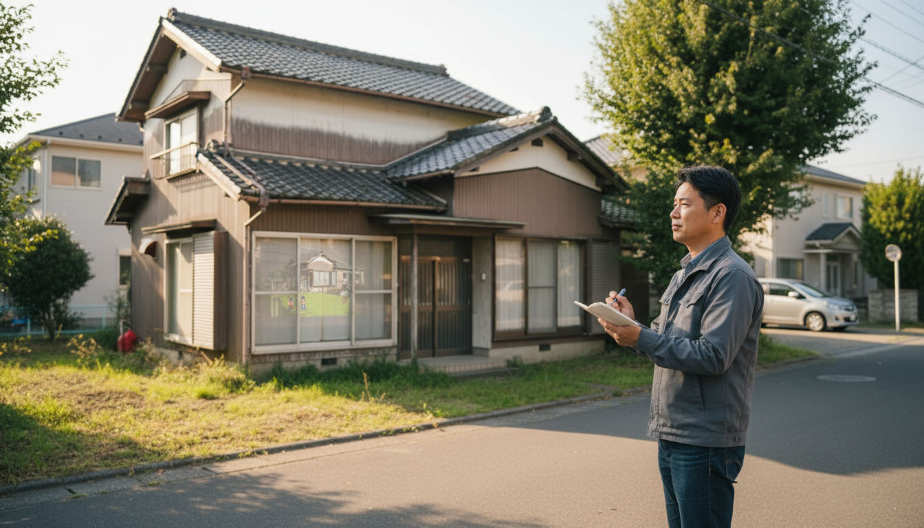 少し古びた外観の中古戸建てと、そのポテンシャルを見抜く投資家のイメージ