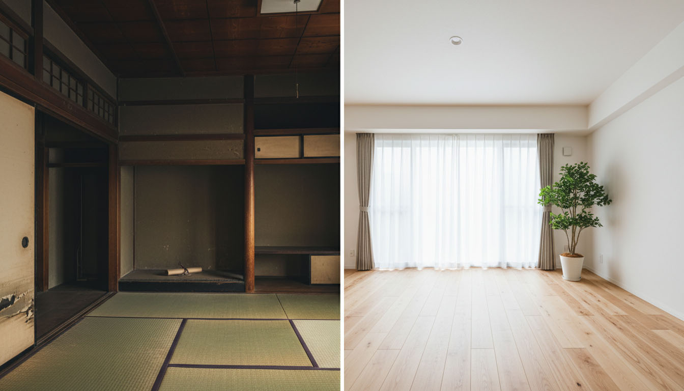 古い和室から明るい洋室へとリノベーションされる過程を示すビフォーアフターのイメージ