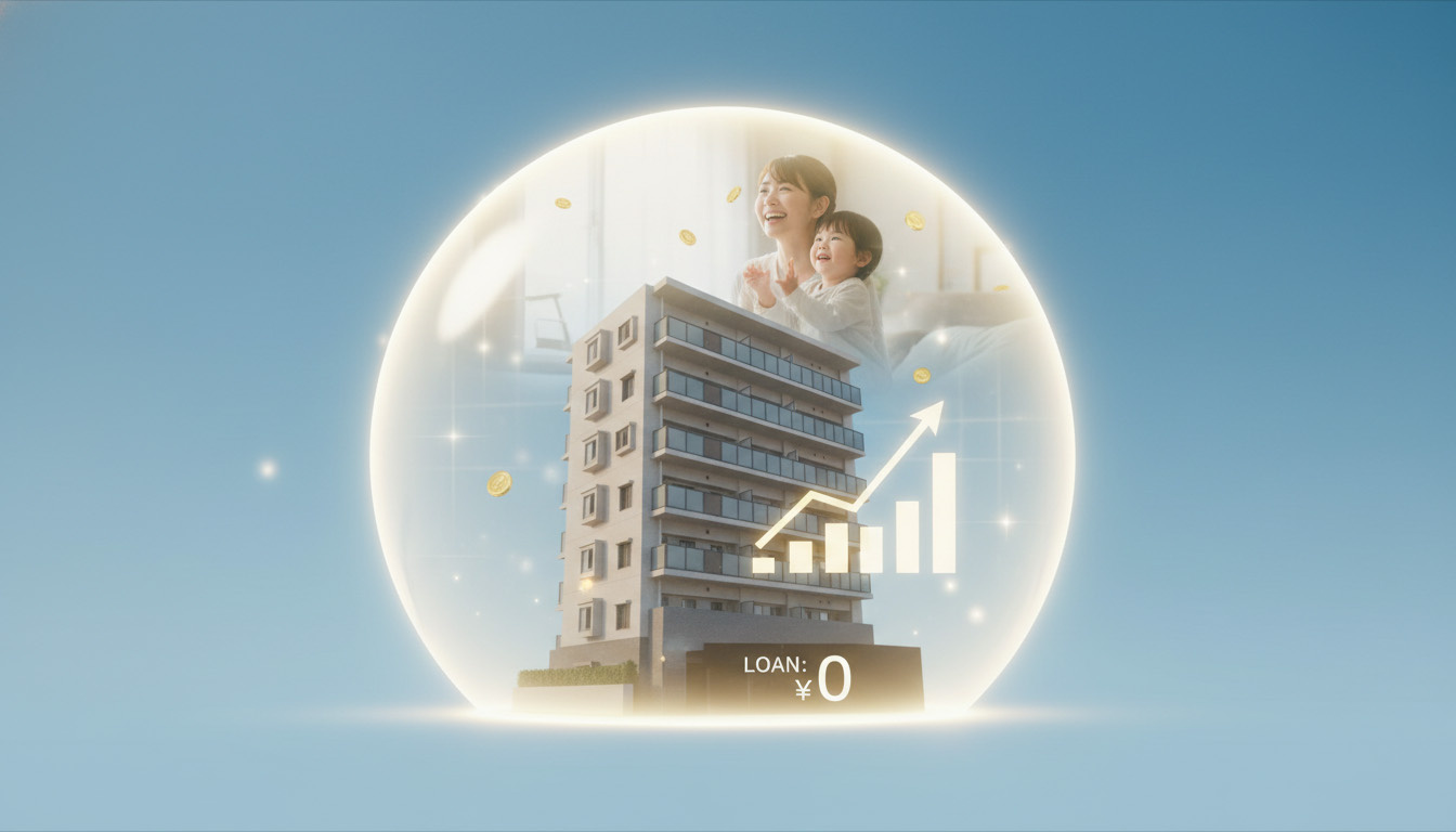 オーナーにもしもの事があった際、ローンがゼロになり、家族に家賃収入が入り続ける「団信」の仕組みを図解したイメージ