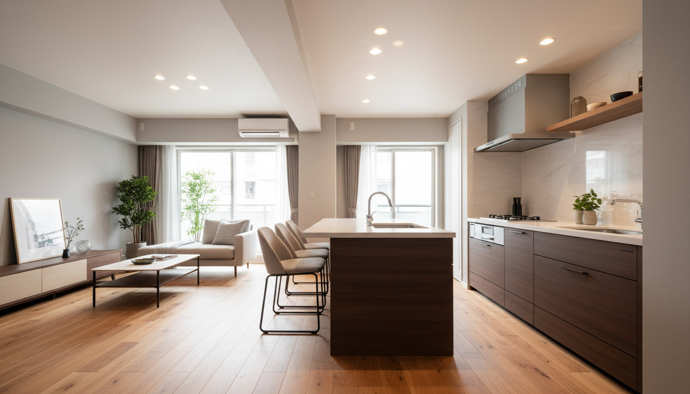 実需（マイホーム）向けに最新のアイランドキッチンなどを導入してフルリノベーションされた明るい室内