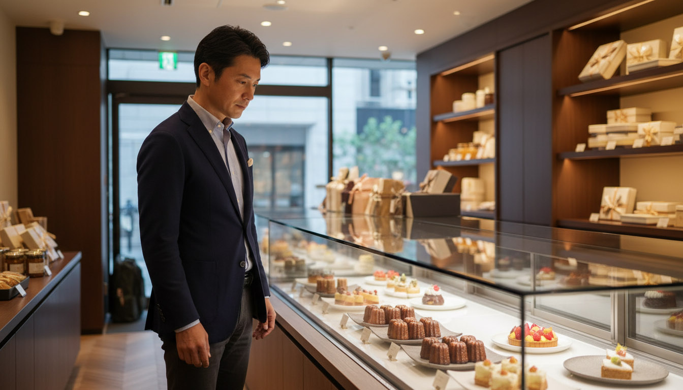 芦屋や西宮の洗練された有名洋菓子店で、入居者へのギフトを丁寧に選ぶイメージ