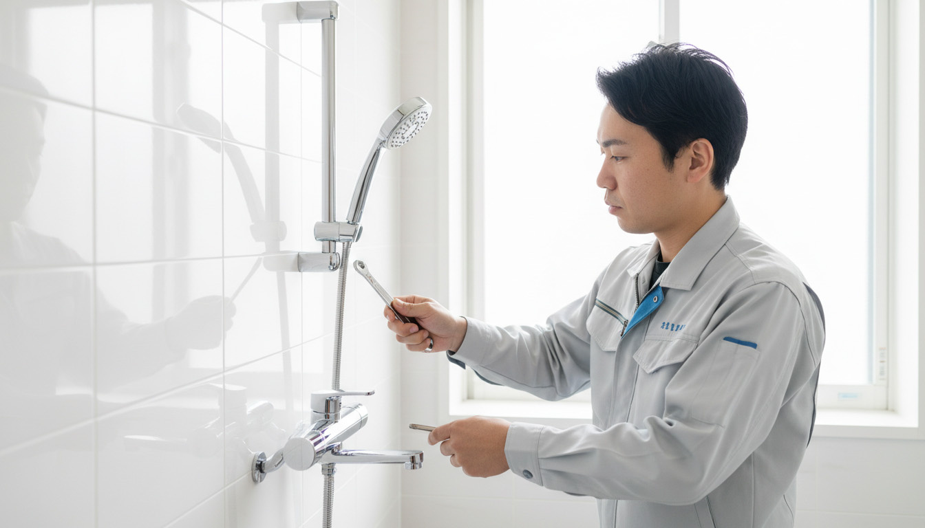 株式会社 高翔の職人が、入居者が喜ぶ最新の美容効果のある節水シャワーヘッドを丁寧に取り付けている様子