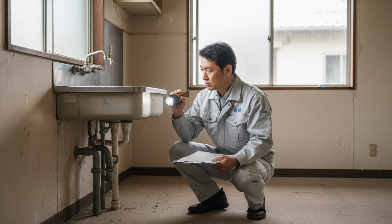 市場に出る前の水面下の築古物件を、株式会社高翔の建築士がインスペクションして価値を見極める様子