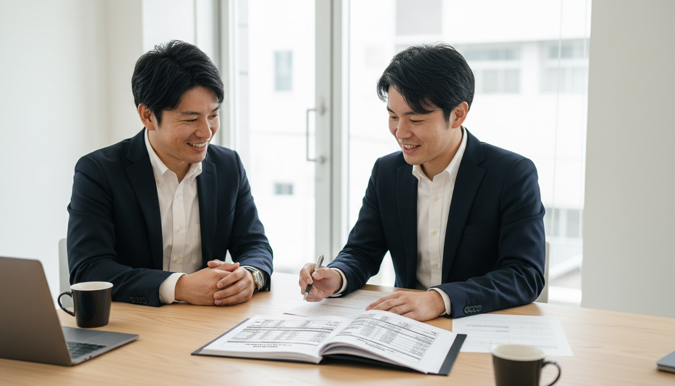 株式会社 高翔の建築士とオーナーが、詳細な明細が記載された見積書を見ながら適正価格でのリノベーションを打ち合わせる様子