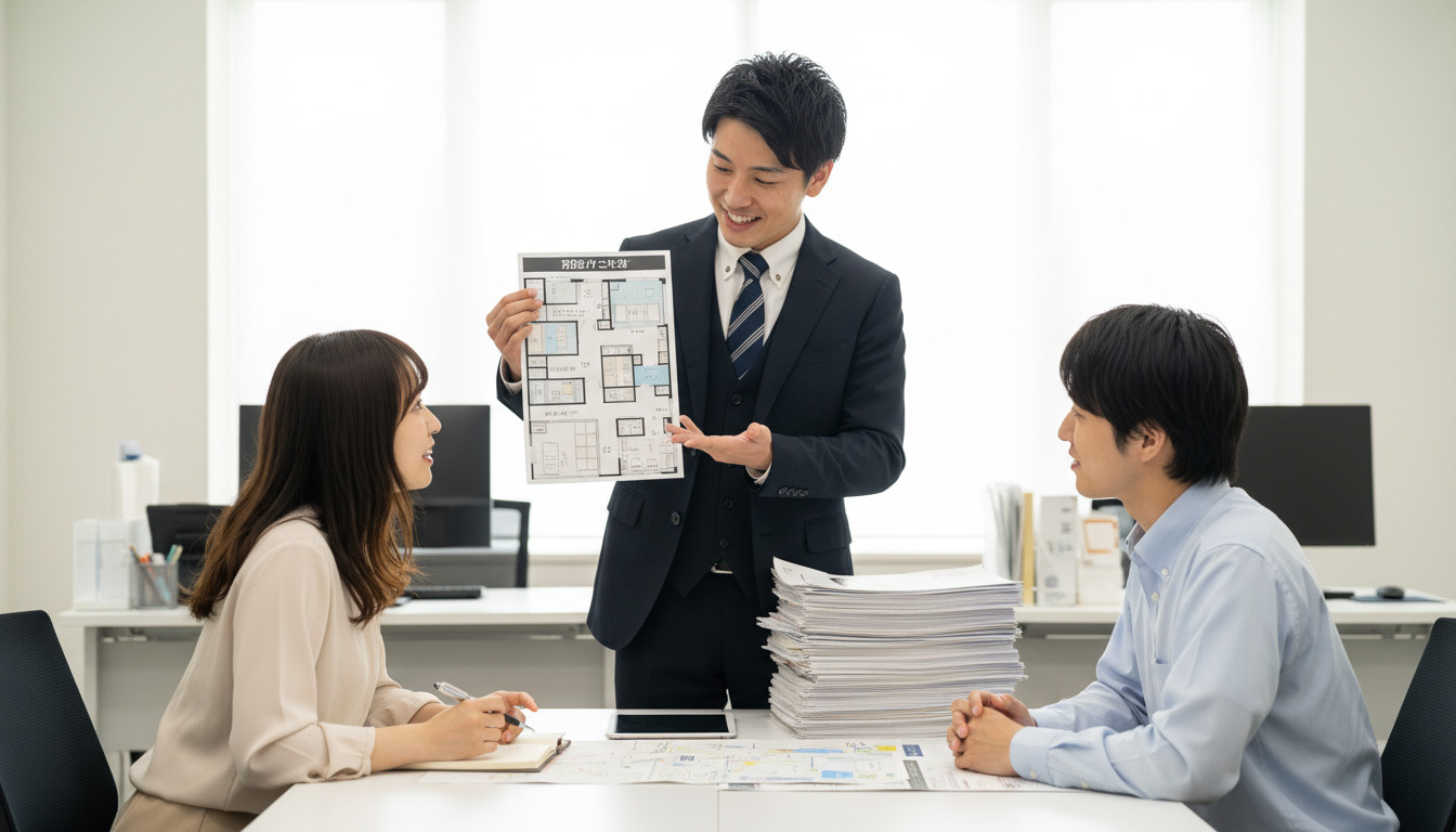 賃貸仲介の店舗で、たくさんある物件図面の中から、自信を持って特定の物件をお客様に提案する営業マンの様子