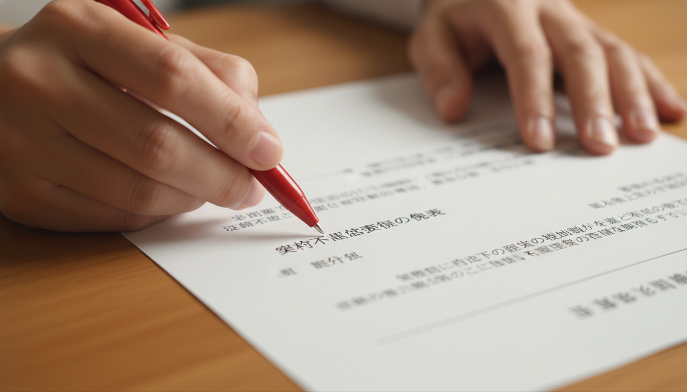 売買契約書の「契約不適合責任の免責」という条項を赤ペンでチェックしている手元のクローズアップ