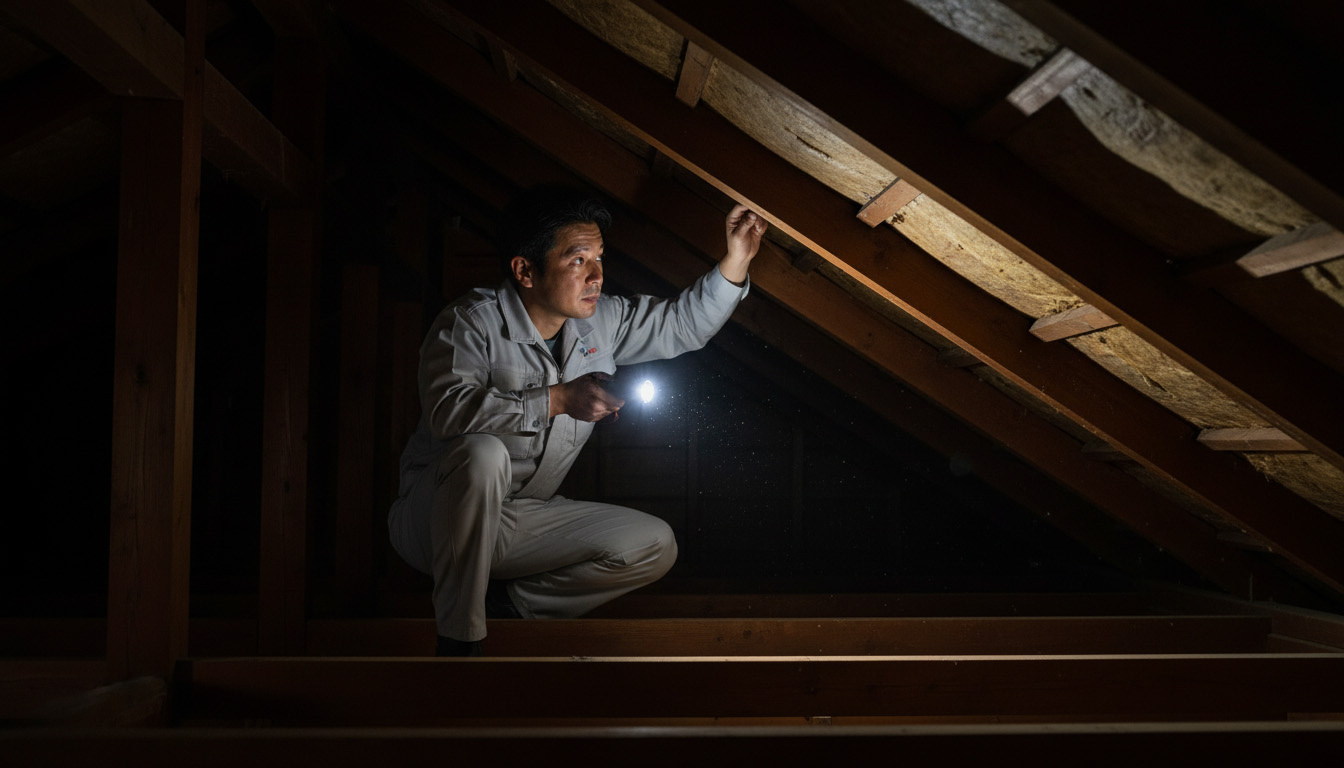 株式会社 高翔の建築士が、購入前の物件の屋根裏に潜り込み、雨漏りの跡がないかライトで照らして調査している様子