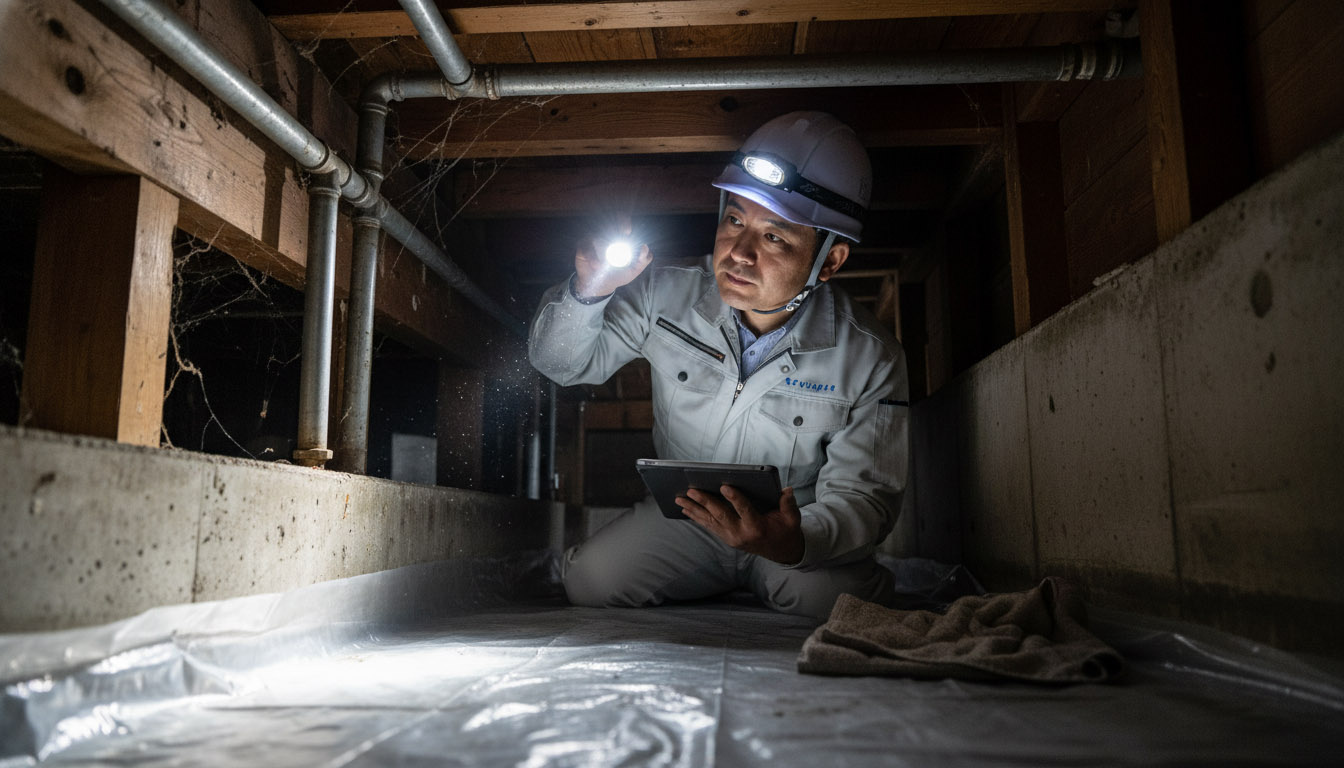 株式会社 高翔の建築士が、床下の配管や基礎をチェックし、購入前の物件に修繕爆弾がないかを厳格にインスペクションする様子