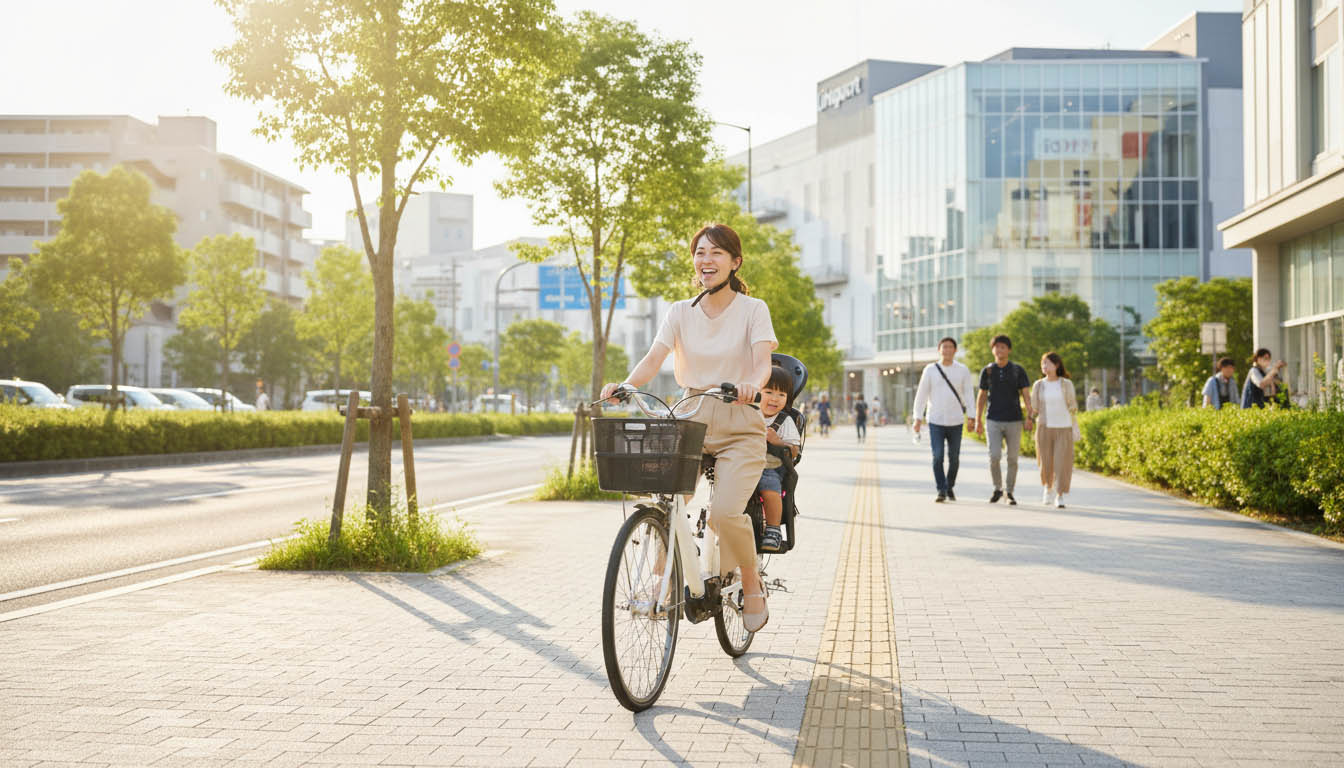 ららぽーと甲子園周辺の平坦な道を、子供を乗せた電動自転車で走る子育て世帯の活気あるイメージ