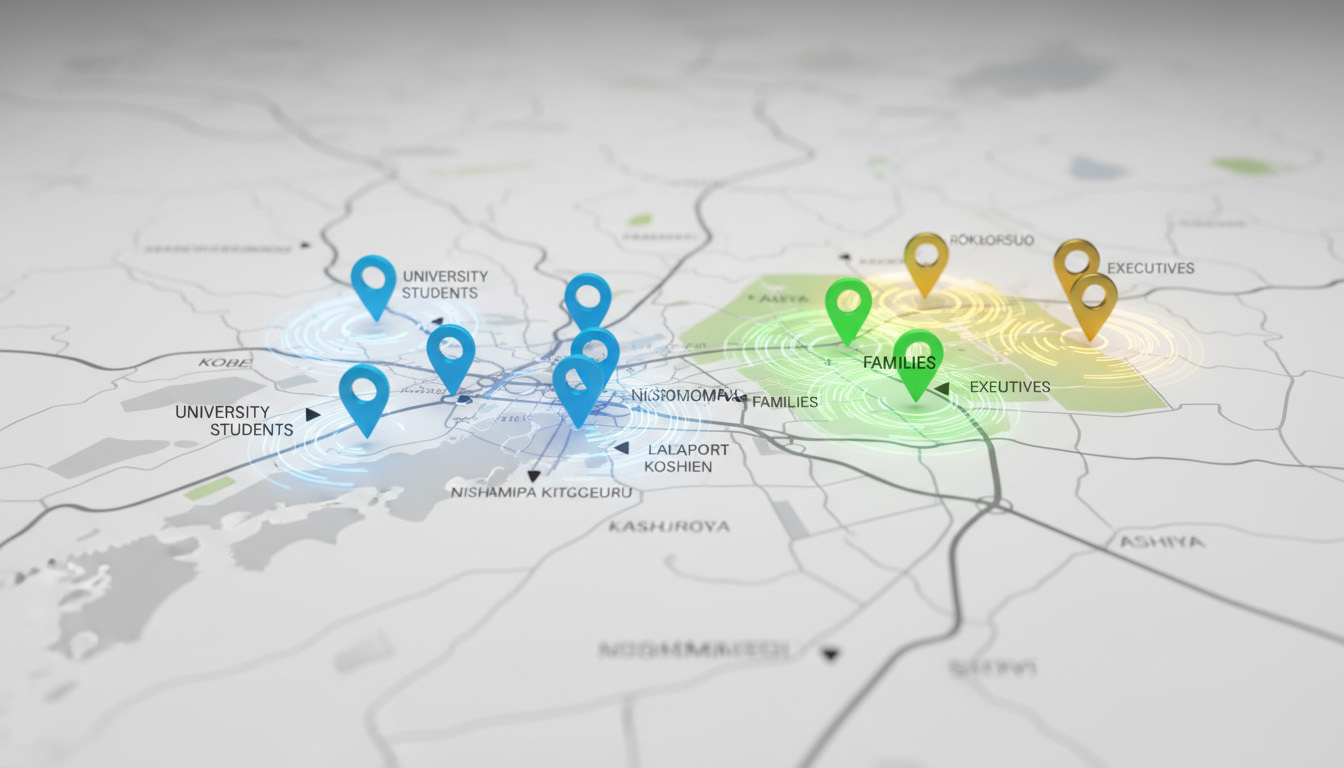 西宮北口や岡本、芦屋などのエリア特性とターゲット層を分類した阪神間マップのイメージ