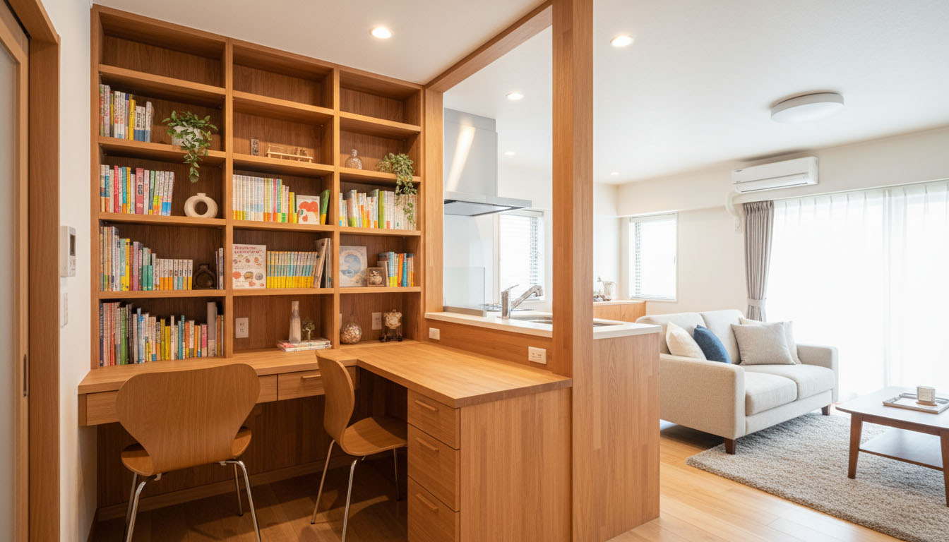 西宮北口エリアのファミリー層向けに、リビングの一角に造作されたスタディカウンターと壁面本棚のイメージ