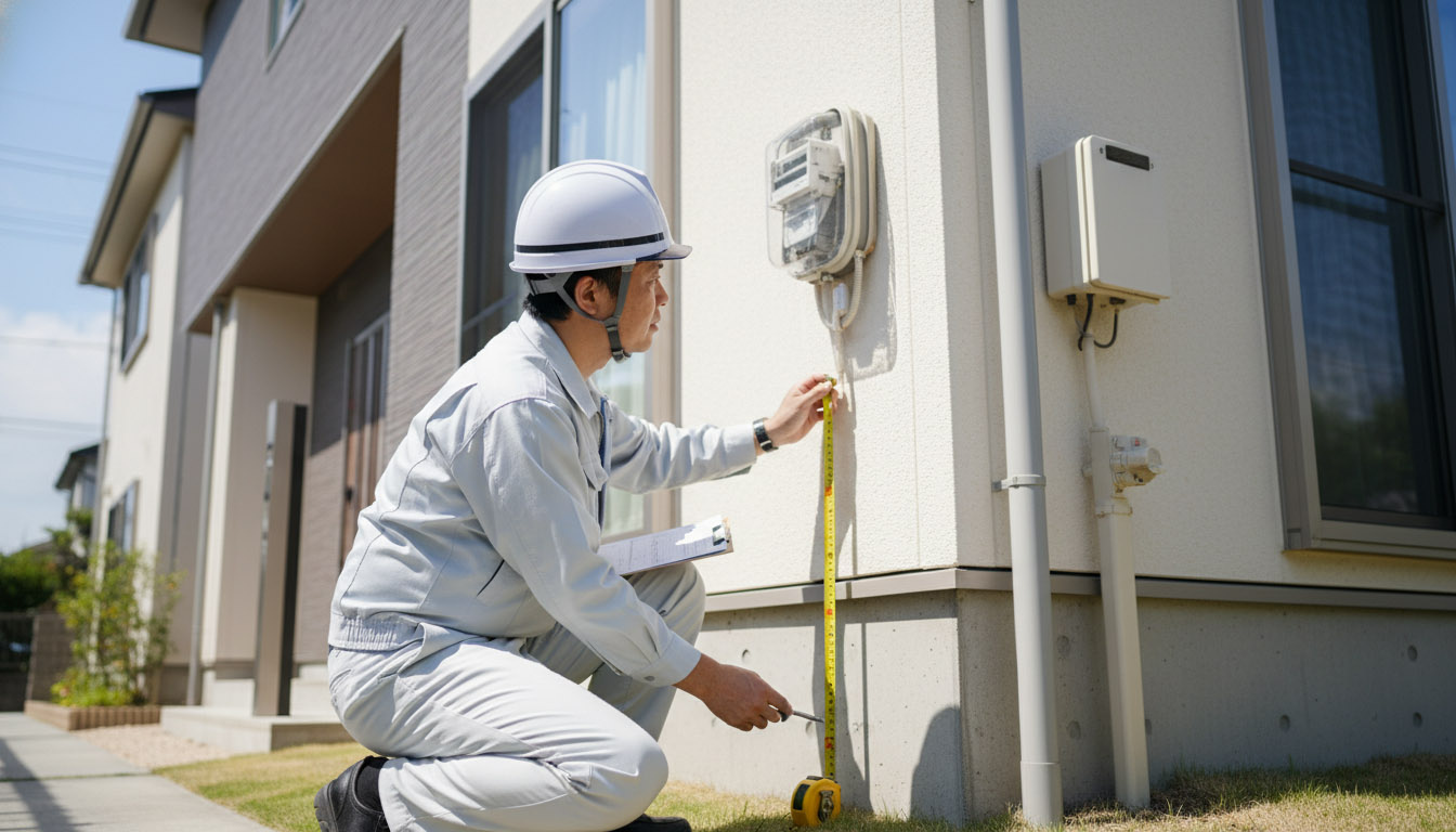 水害リスクに備えて、物件の基礎の高さや電気設備の配置をチェックする建築士の様子