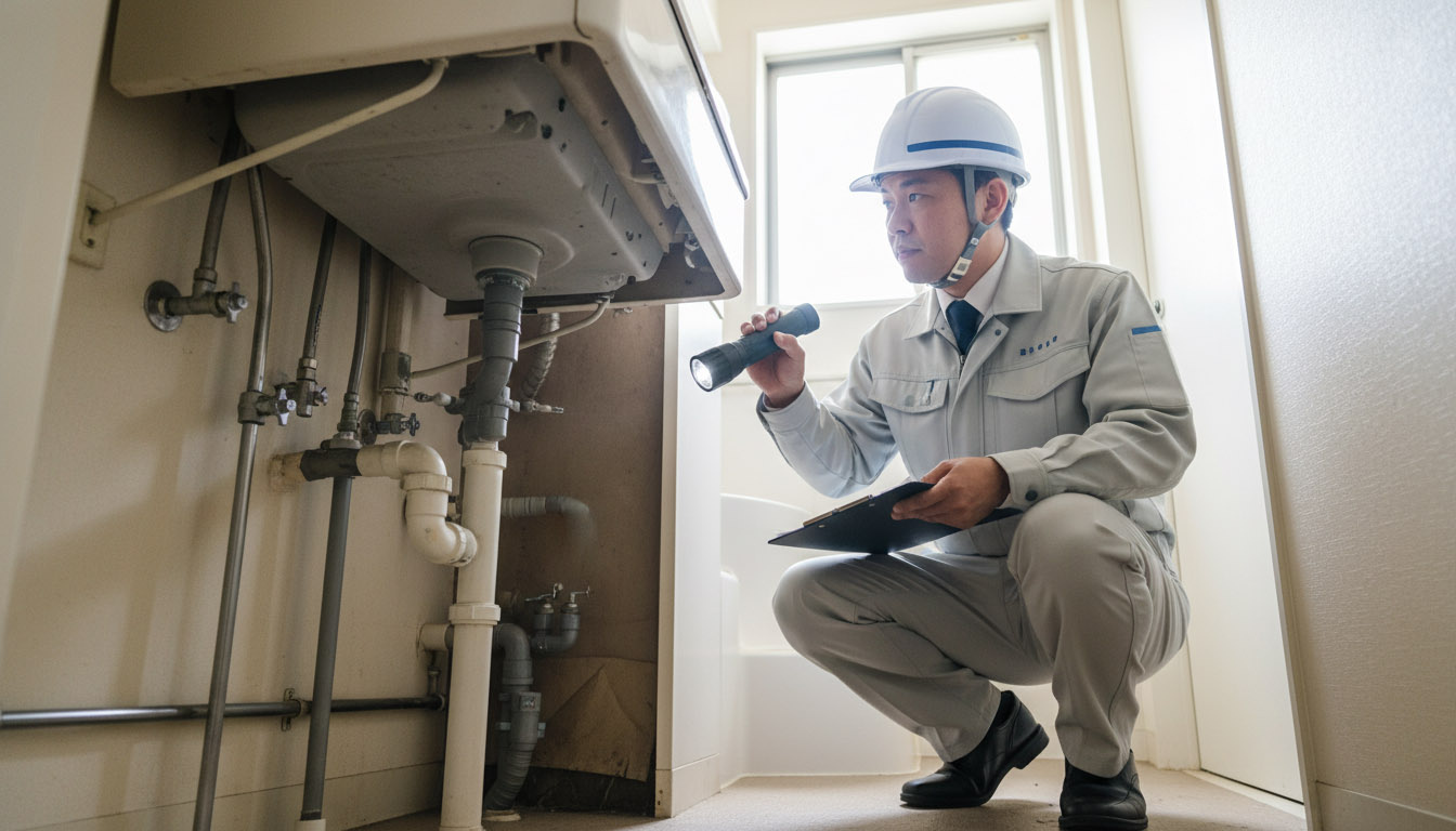 購入前に株式会社 高翔の建築士が水回りなどの修繕リスクをチェックし、オーナーの自己資金を守るインスペクションの様子