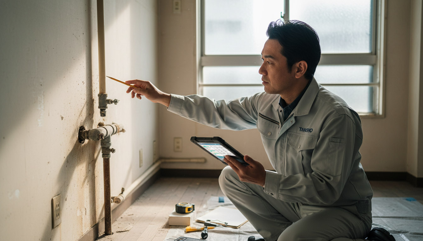 株式会社 高翔の建築士が、物件の修繕箇所をインスペクションし、諸経費とは別の「修繕費用」を正確に見積もる様子