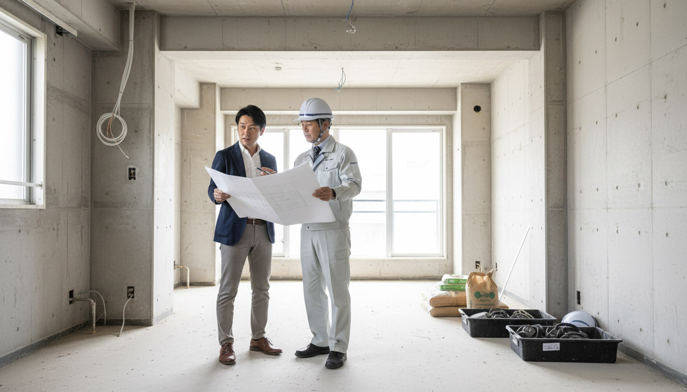 株式会社高翔の建築士と共に、築古物件の大規模リノベーション計画を法人経費の視点から議論するオーナー