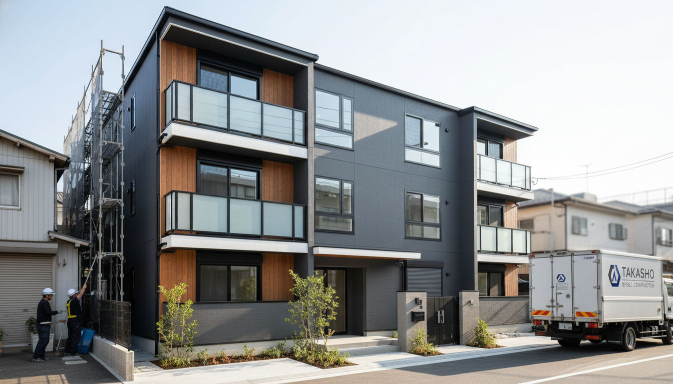 一棟アパートの外壁や水回りをリノベーションし、物件の収益力（家賃）を引き上げる建築施工のイメージ