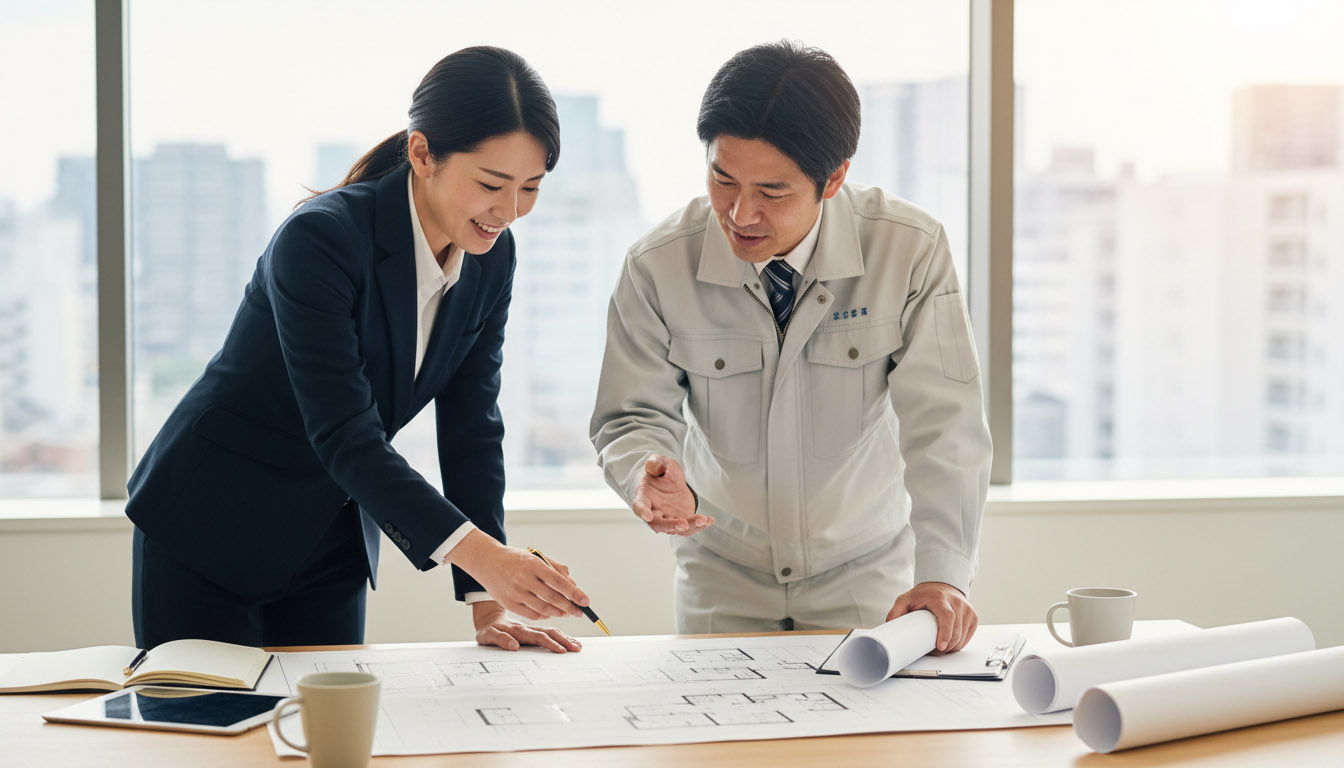 高翔バイセルの担当者と建築士が、物件購入前に図面を見ながら修繕計画やリノベーションについて打ち合わせる様子