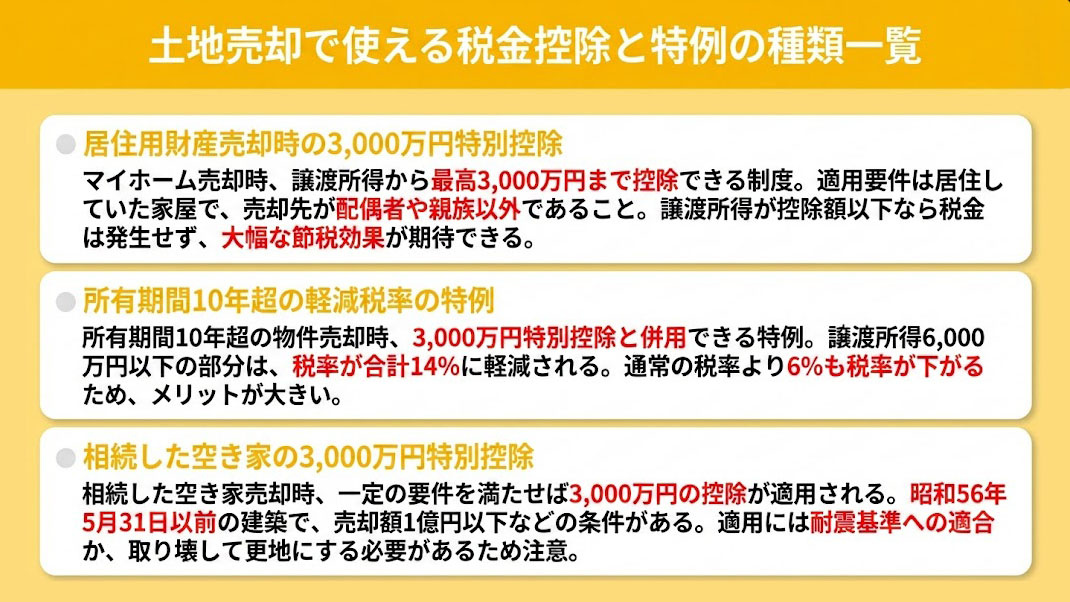 土地売却で使える税金控除と特例の種類一覧