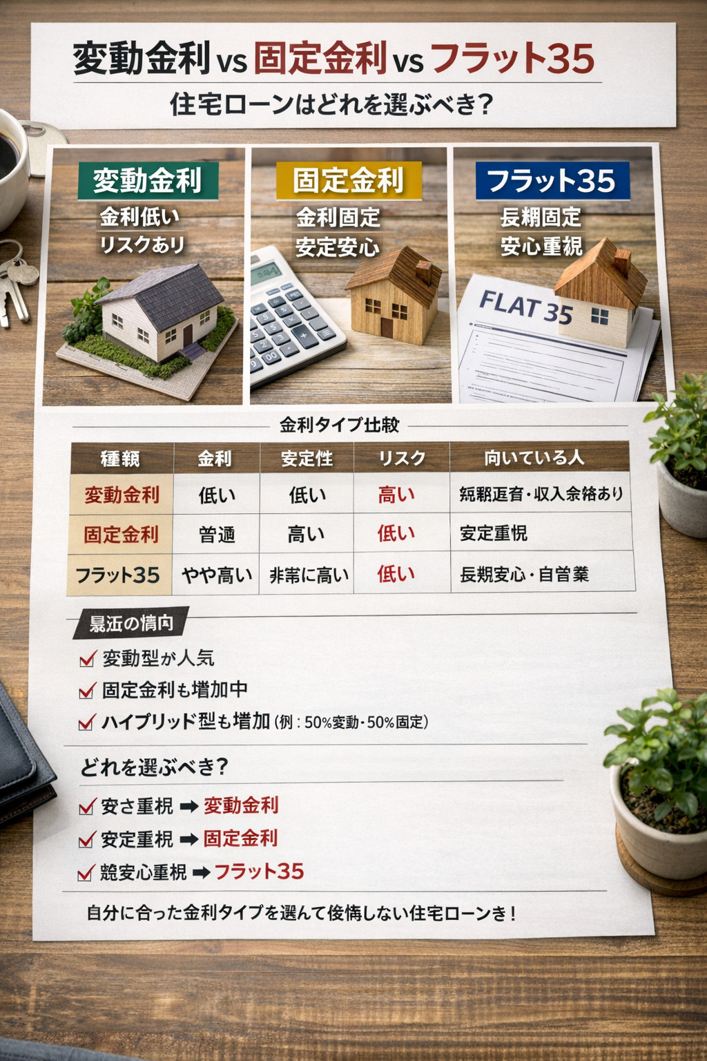 変動金利 vs 固定金利 vs フラット35｜住宅ローンはどれを選ぶべき？の画像