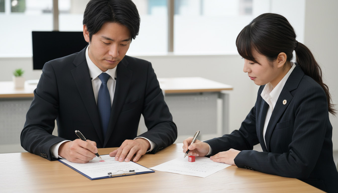 不動産会社で重要事項説明を受け、売買契約書に署名・捺印を行っている安心感のあるシーン