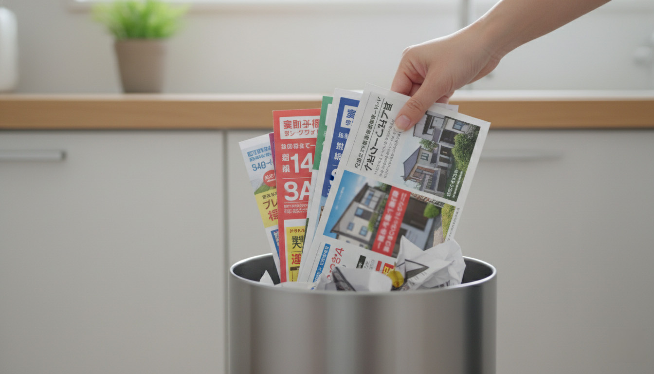 山積みになった不要な不動産売却のDMをゴミ箱に捨てる様子。迷惑な営業がなくなることを示唆するイメージ