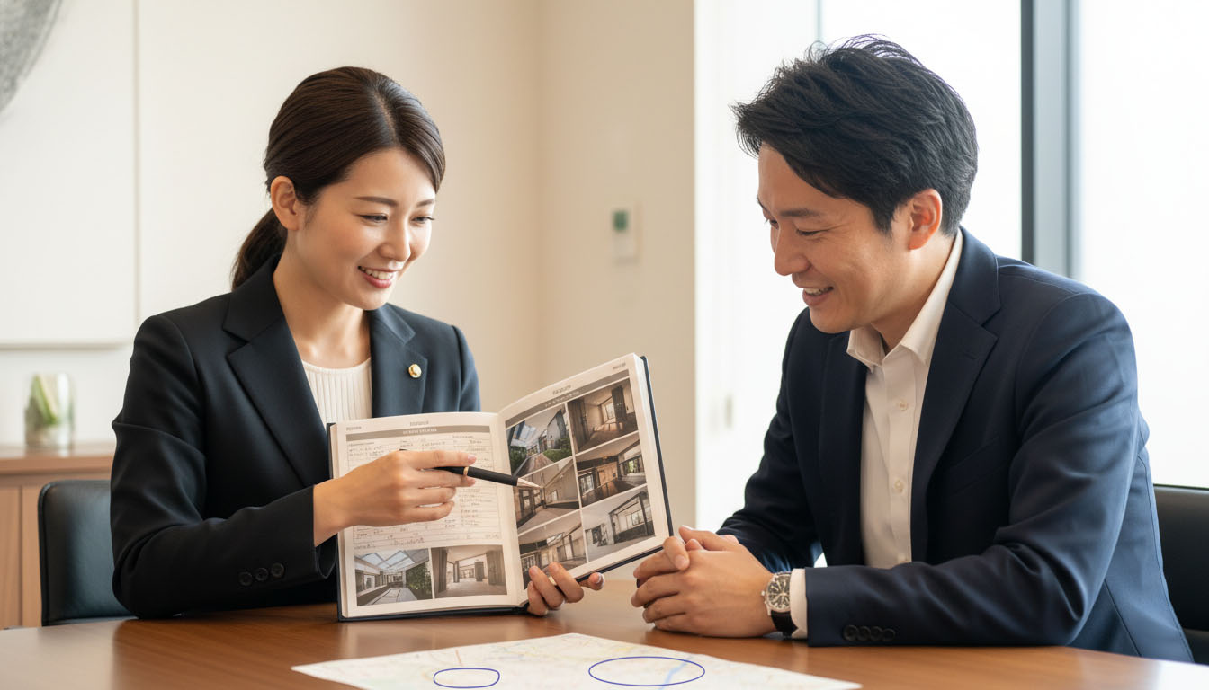 地域密着の独自のネットワークを通じて、水面下の未公開物件情報を投資家に紹介している打ち合わせの様子