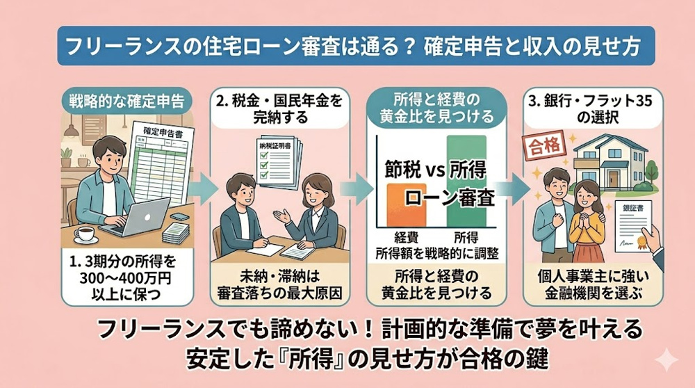 フリーランスの住宅ローン審査は通る方法はある？  確定申告で審査を通す方法と収入の見せ方の画像