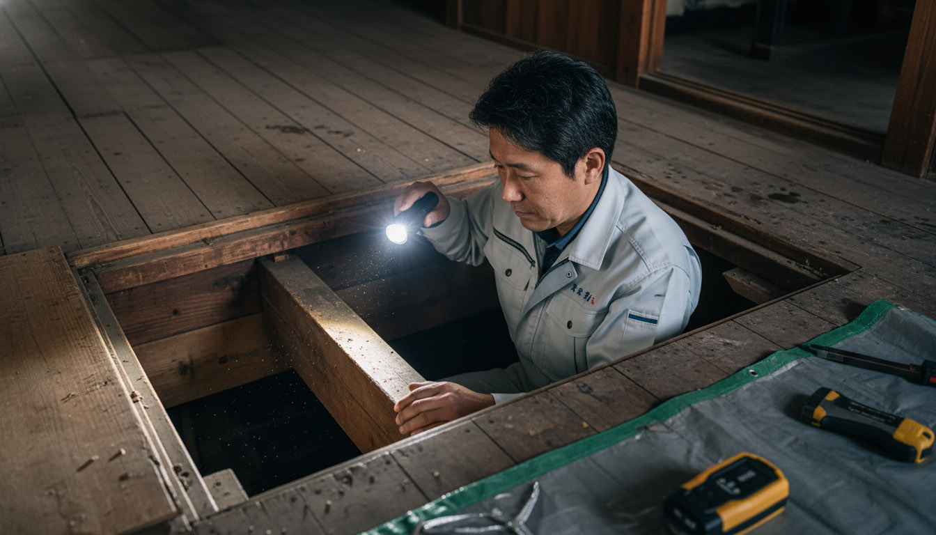 株式会社高翔の建築士が、床下点検口を開けてシロアリ被害や水漏れの跡を確認している様子
