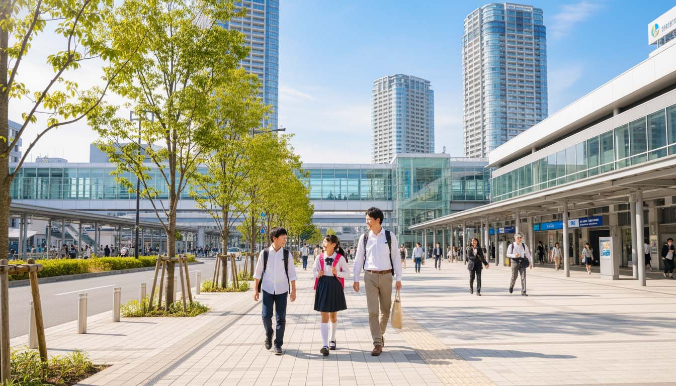 西宮北口エリアの商業施設や塾の近くを歩く、教育熱心なファミリー層のイメージ
