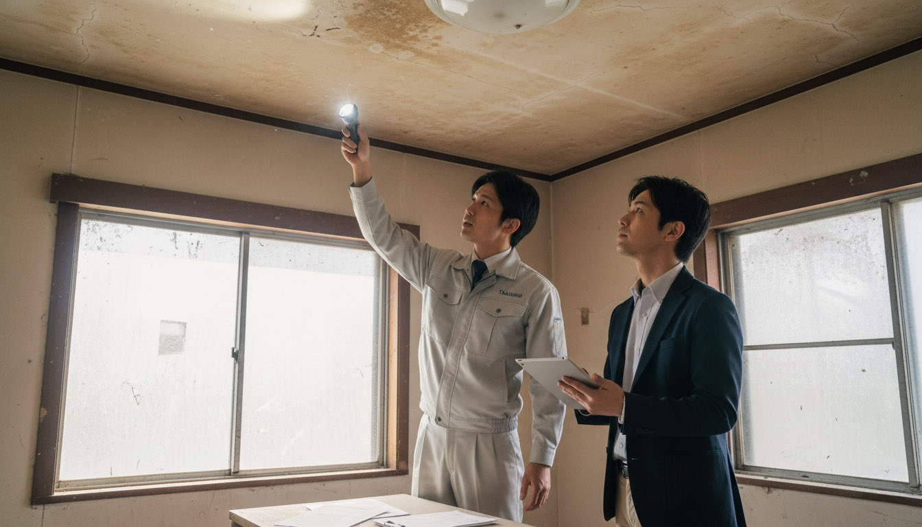 未公開の築古物件の現場で、高翔の建築士が投資家と一緒に修繕箇所をスピーディに確認している様子