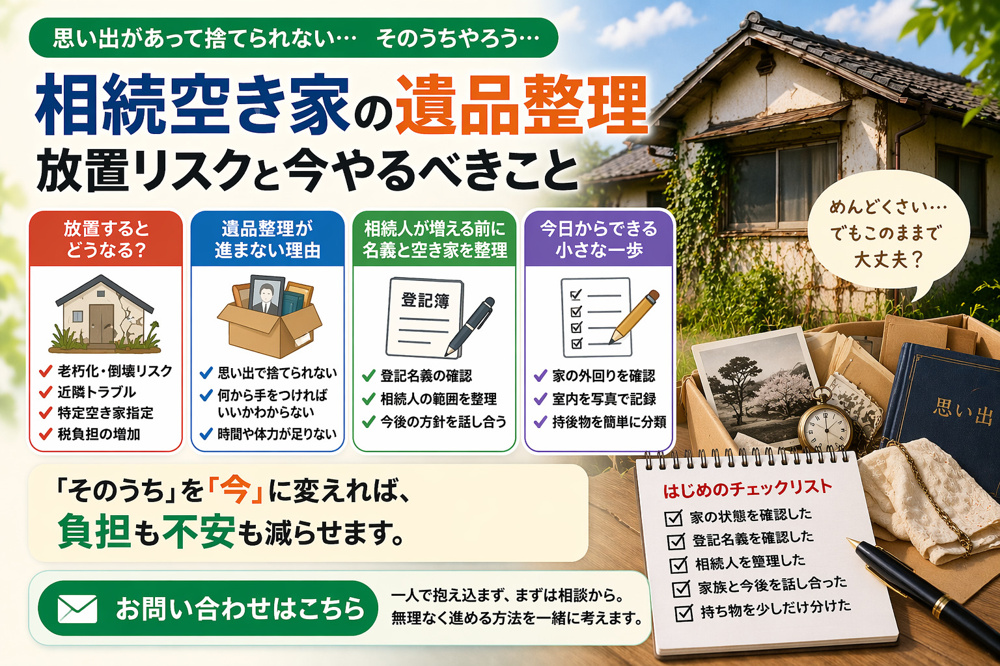 相続した空き家を放置どうなるか知っていますか？  遺品整理や片付けが進まない思い出と捨てられない問題を解決する方法の画像