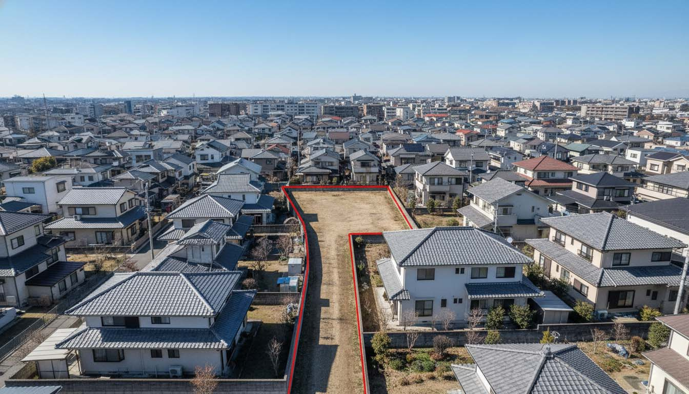 一般的には敬遠されるが、価格が安い「旗竿地」や「変形地」の土地形状を示すイメージ