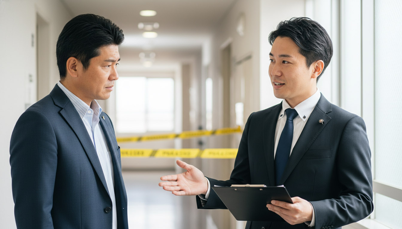 警察や専門業者が入る物々しい雰囲気の中、オーナーに状況を説明し落ち着かせる管理会社担当者のイメージ