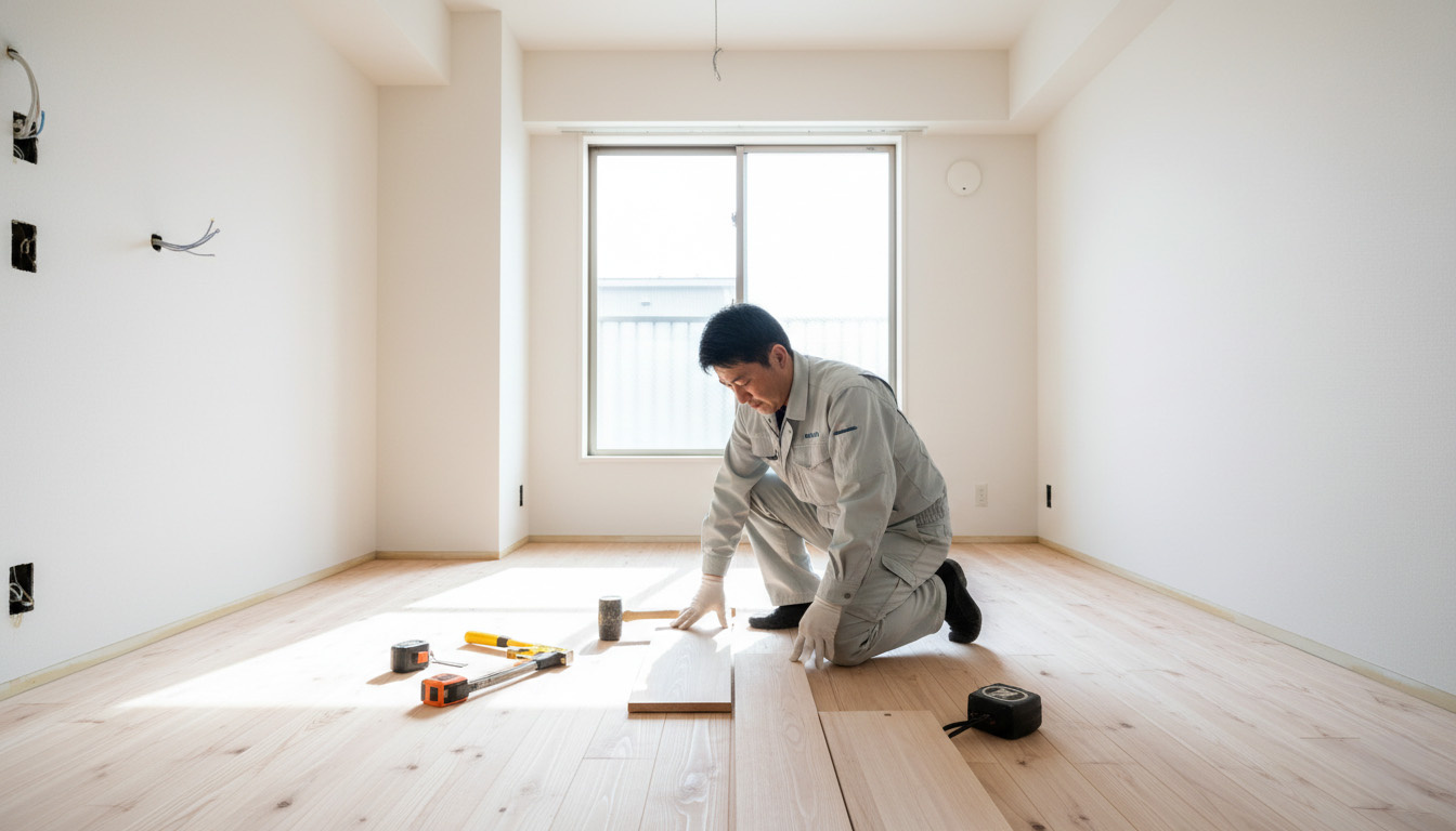 株式会社高翔の職人が、汚染された床下地を完全に解体し、真新しいフローリングと設備にリノベーションしている様子