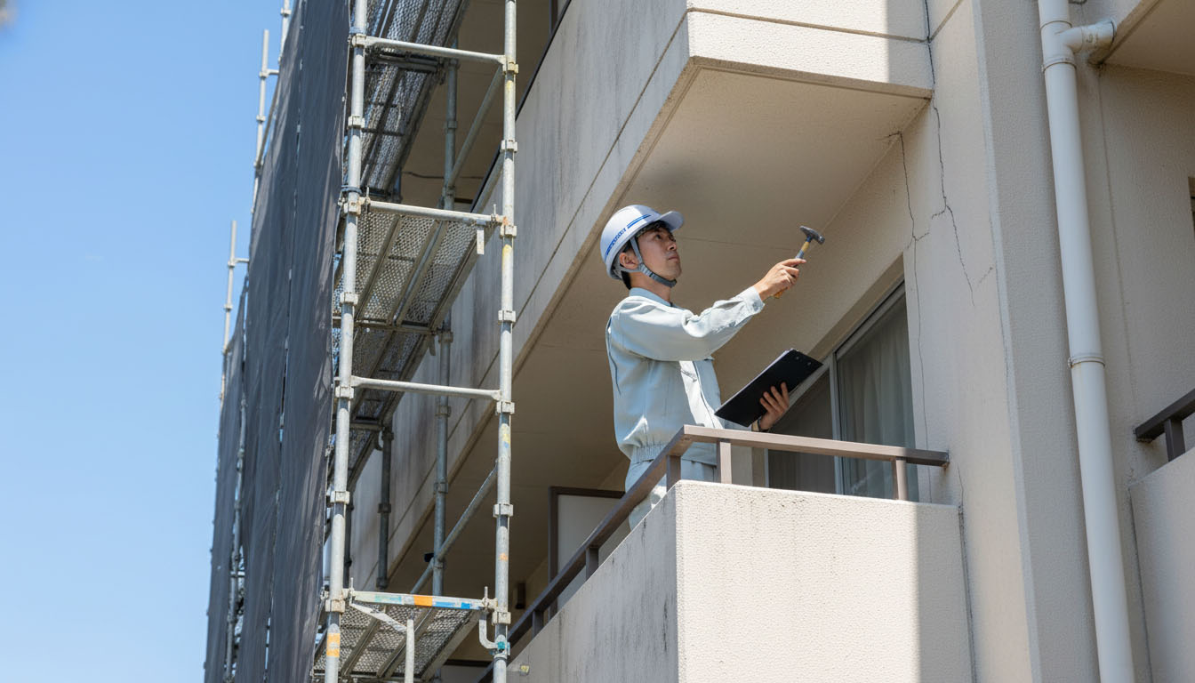 株式会社高翔の建築士が、屋根の劣化状況や外壁のひび割れをドローンや目視で厳しくインスペクションしている様子