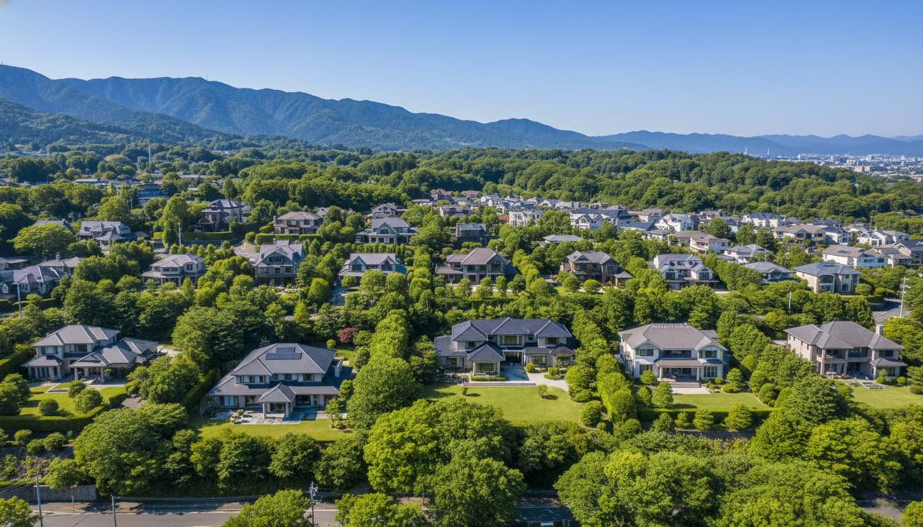 関西屈指の高級住宅街である芦屋市の風景と、低リスク・低利回り（＝高価格）を示す概念図