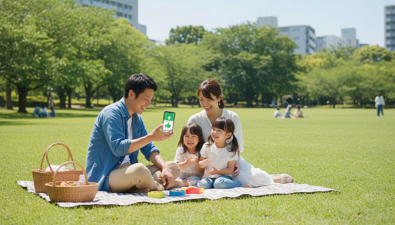 休日に家族と過ごす時間を大切にしながら、スマートフォンで家賃入金の報告だけをチェックする会社員大家の姿